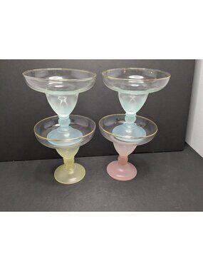 Blendo Margarita Glasses Set Of 4 Frosted Colorful Vtg. MCM 2 blue 1yellow 1pink
